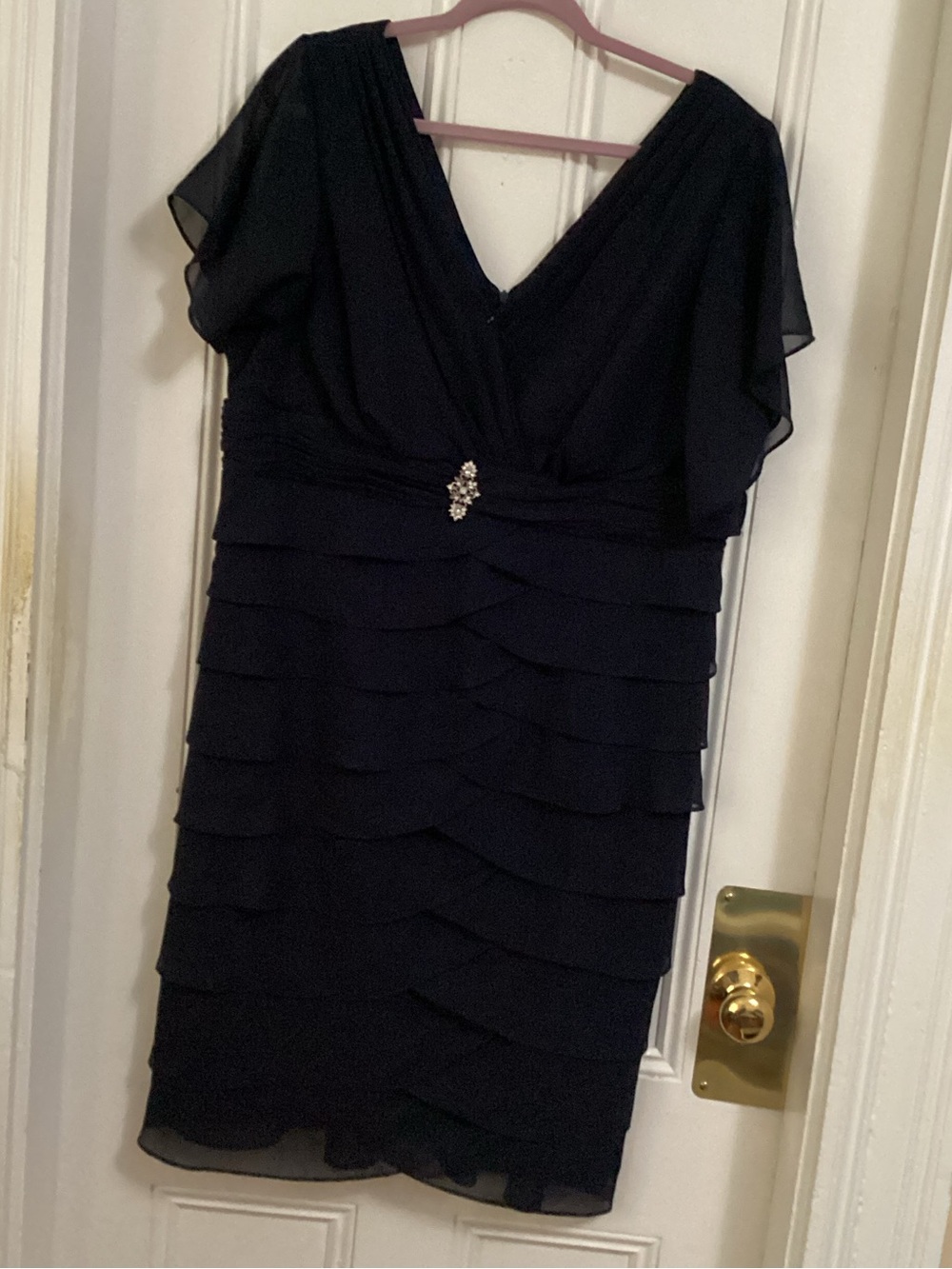 dressbarn Black Layered Midi Dress with Rhinestone Accent